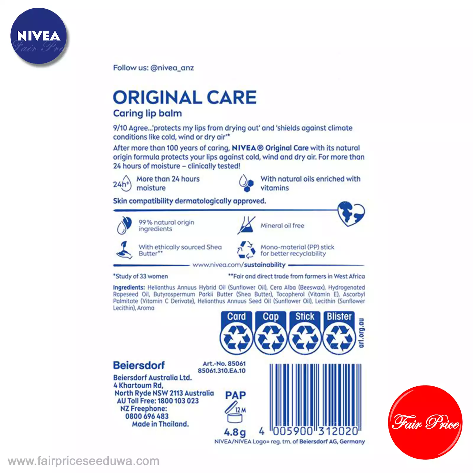 NIVEA Original Care Moisturising Lip Balm 4.8g - Image 3
