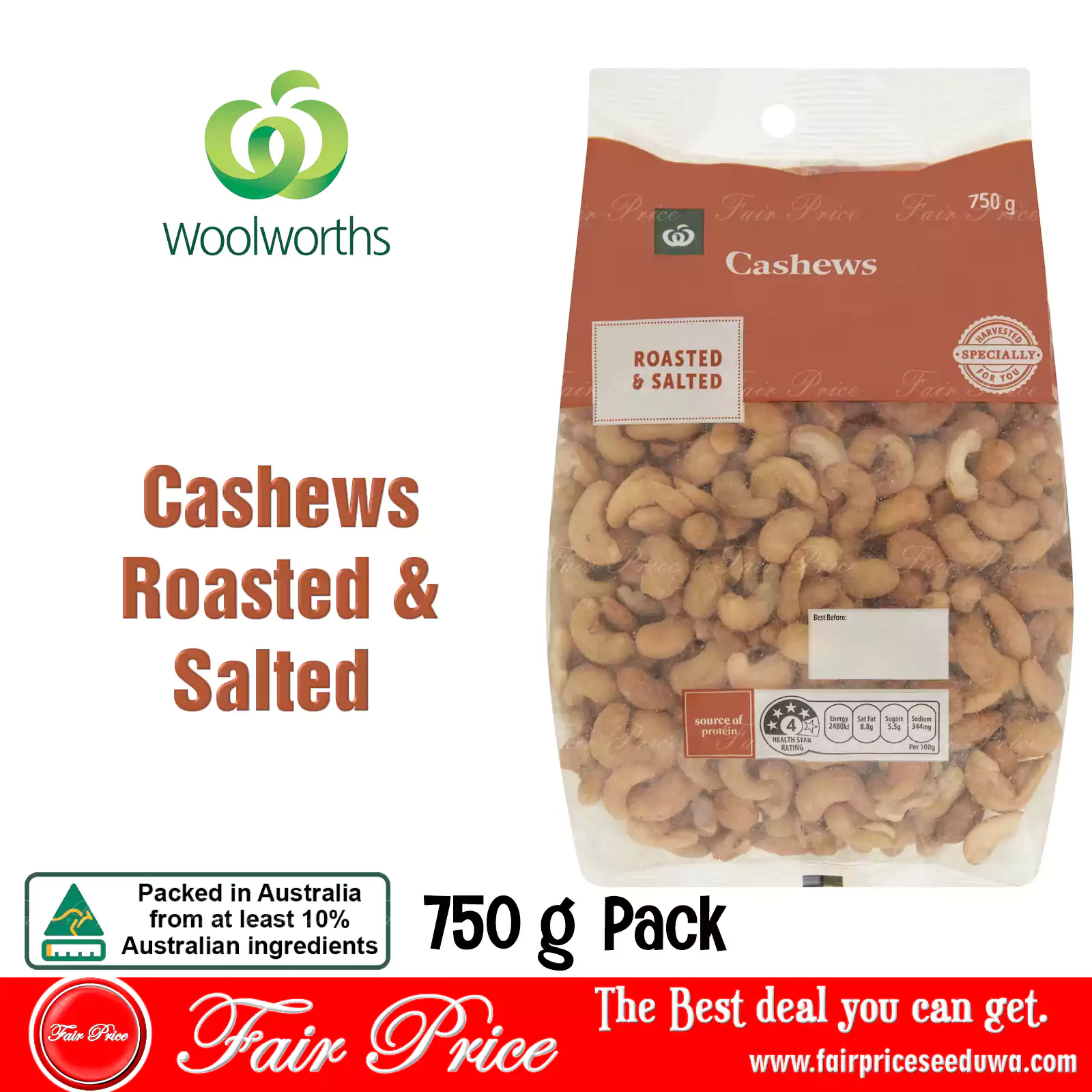 Woolworths Cashews Roasted & Salted 750g Pack