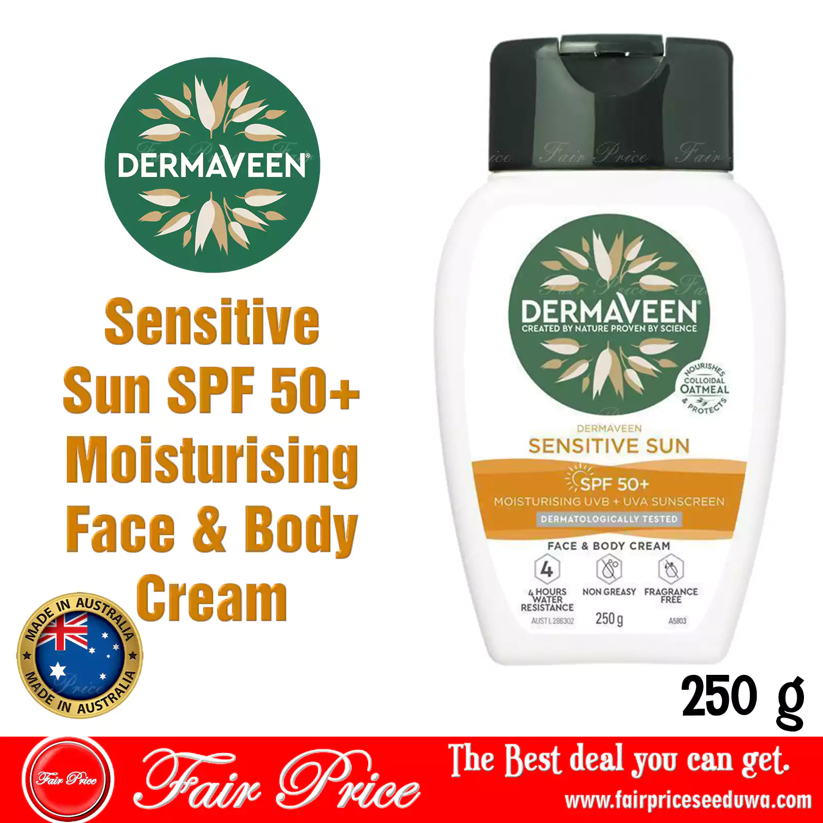 Dermaveen Sensitive Sun SPF 50+ Moisturising Face & Body Cream 250g