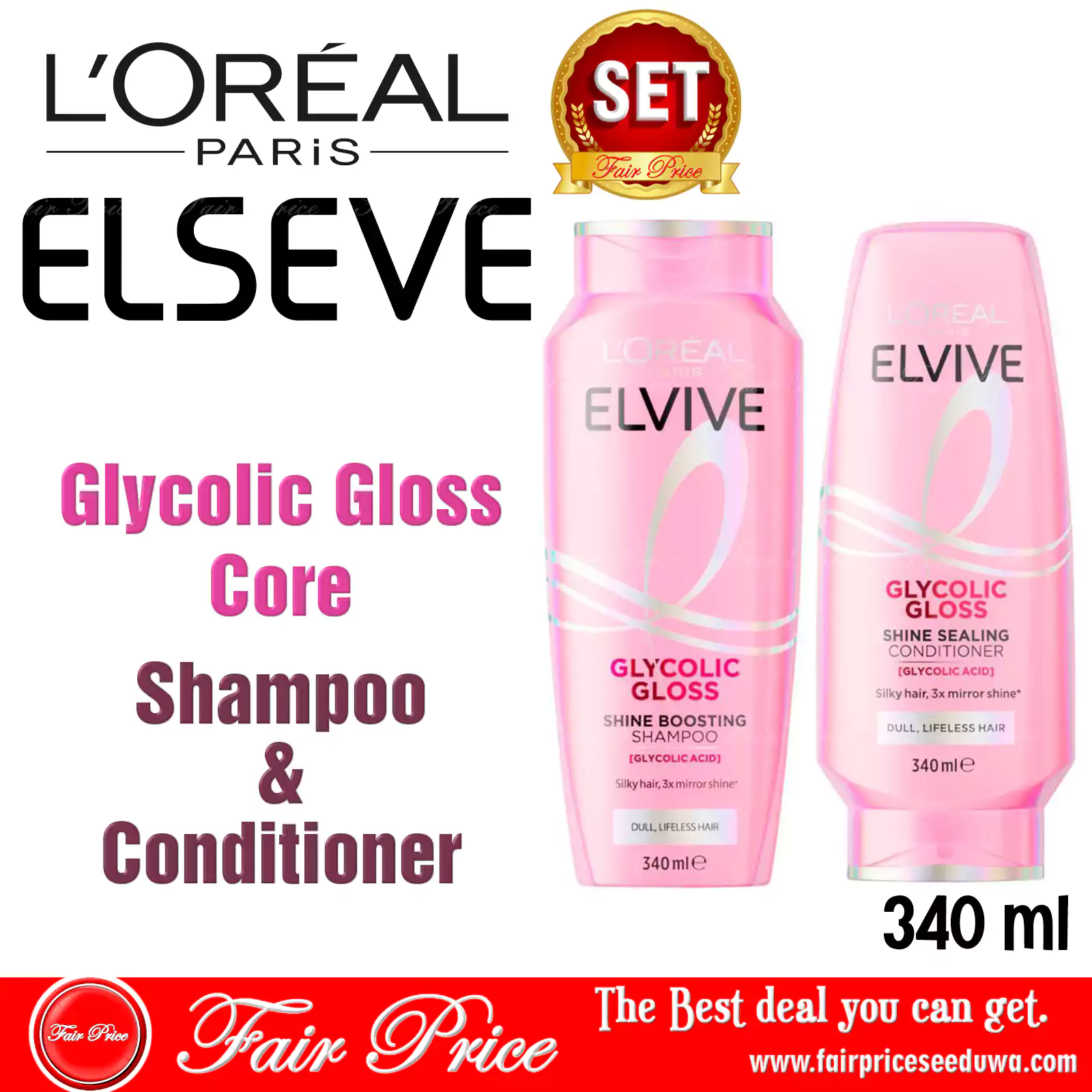 LOreal Paris Elvive Glycolic Gloss Core Shampoo & Conditioner 340mL (Set)