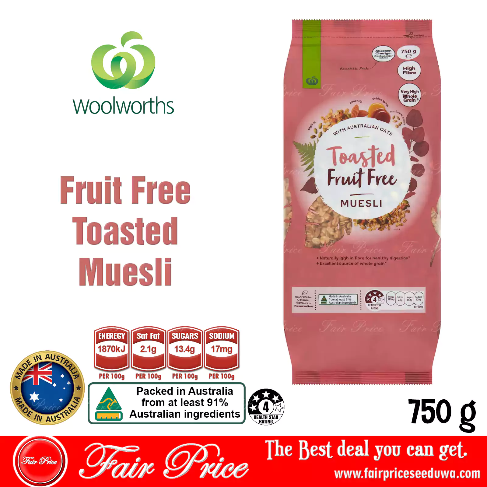 Woolworths Fruit Free Toasted Muesli 750g