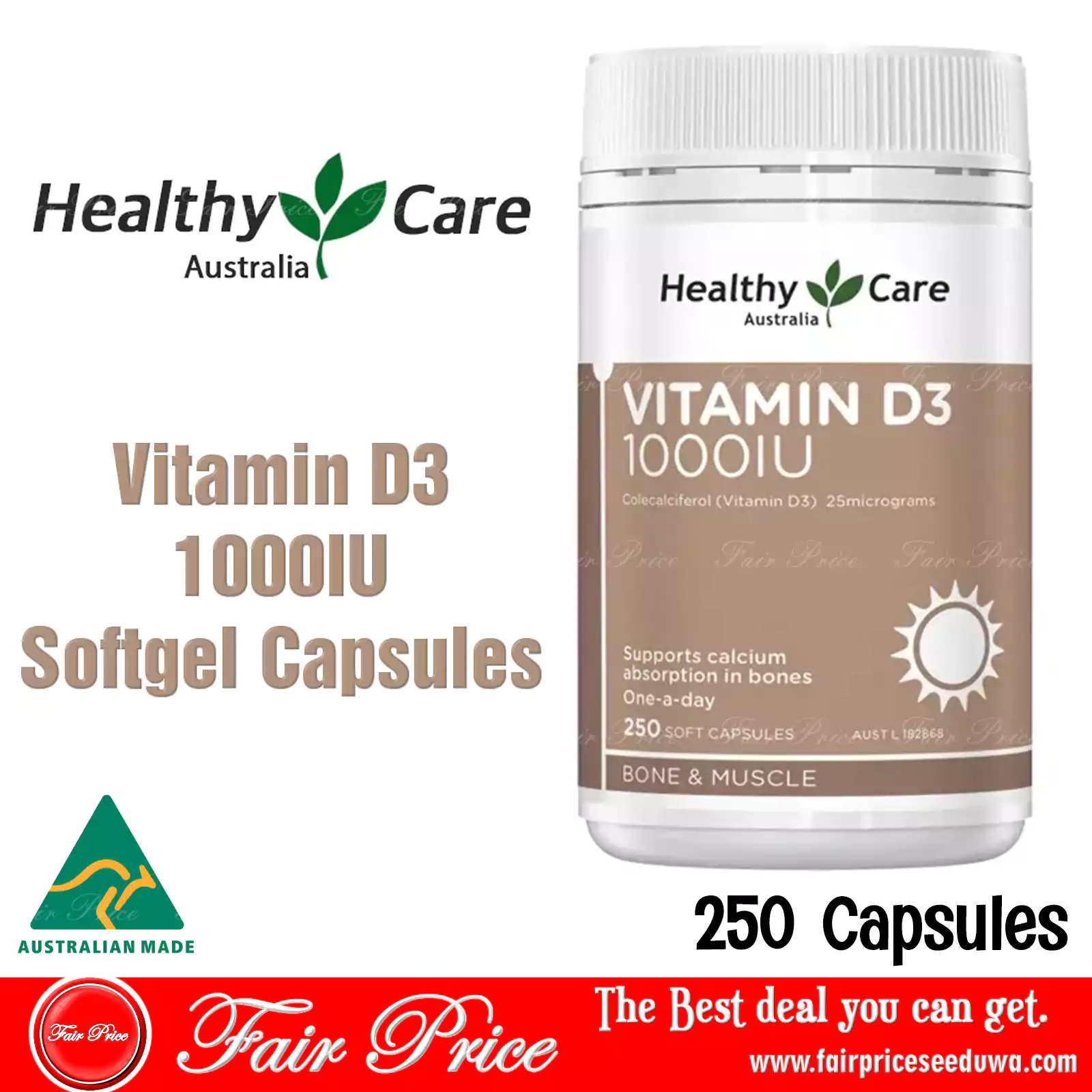 Healthy Care Vitamin D3 1000IU 250 softgel Capsules