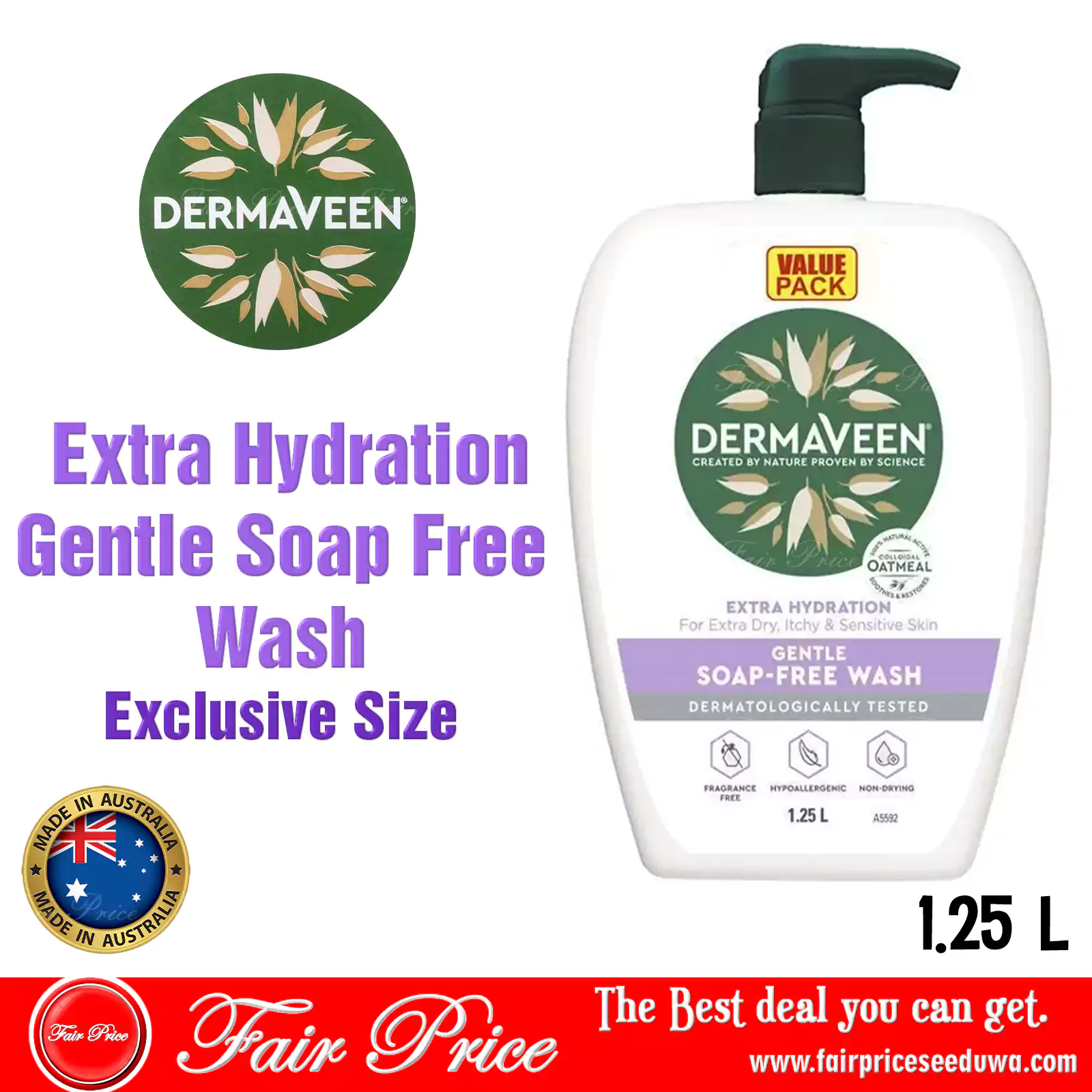 DermaVeen Extra Hydration Gentle Soap Free Wash 1.25L Exclusive Size